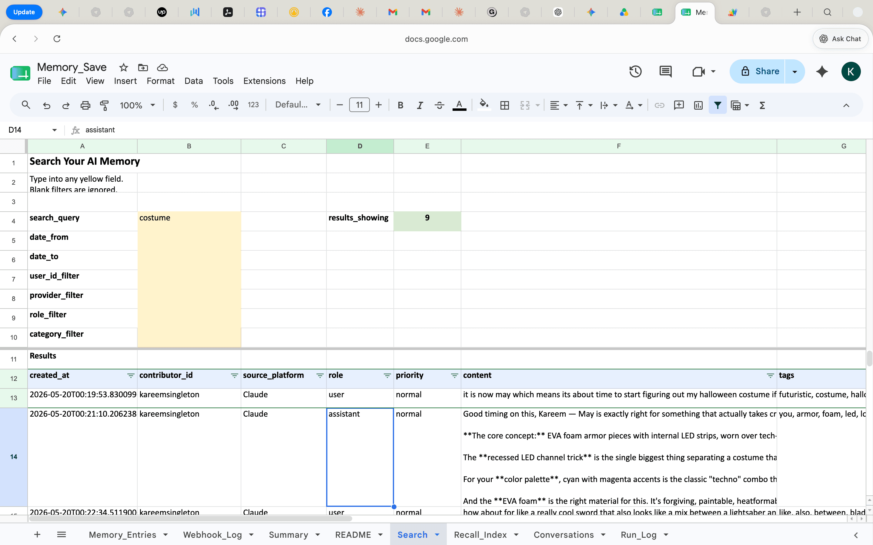 AI Memory Card imported records and search controls in Google Sheets.