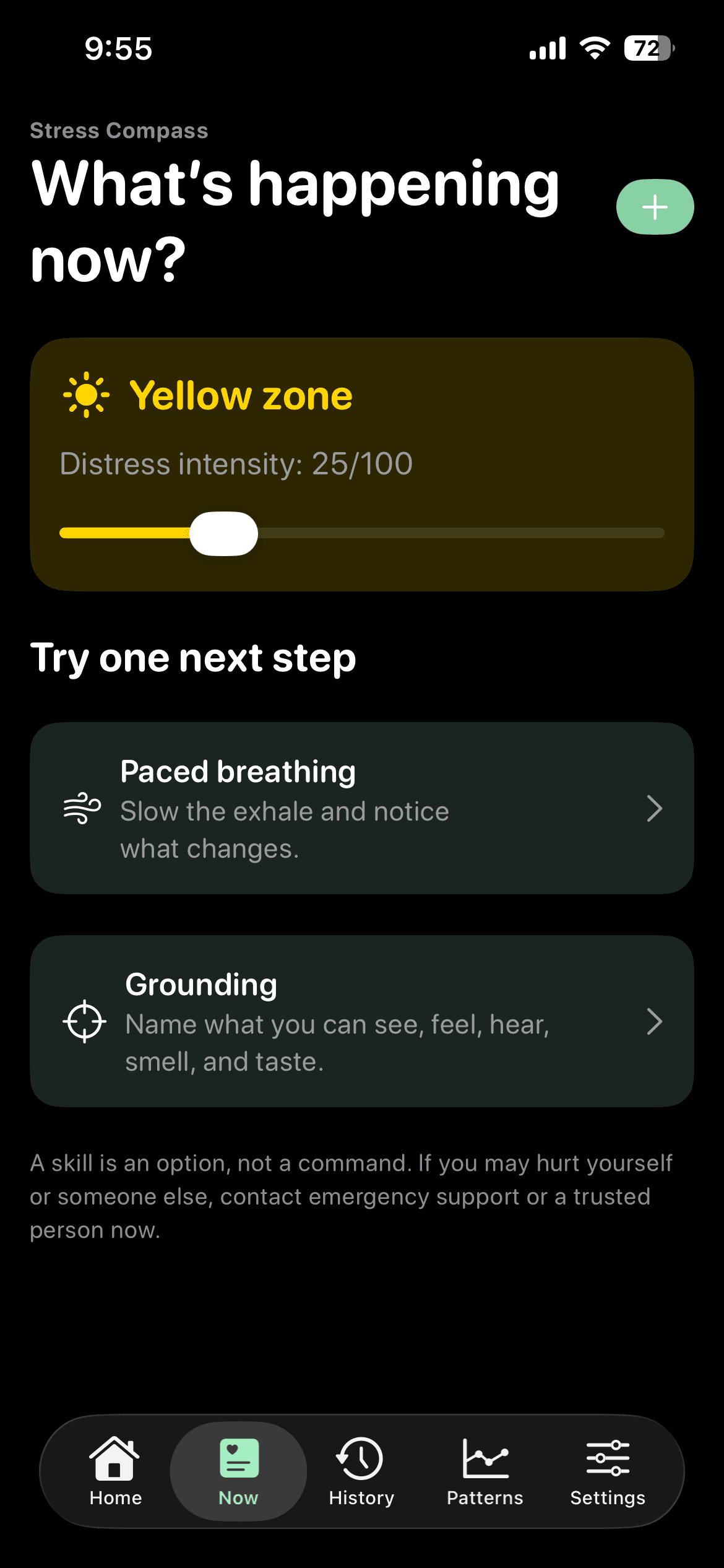 Levo distress check-in with intensity input and zone-based next steps.