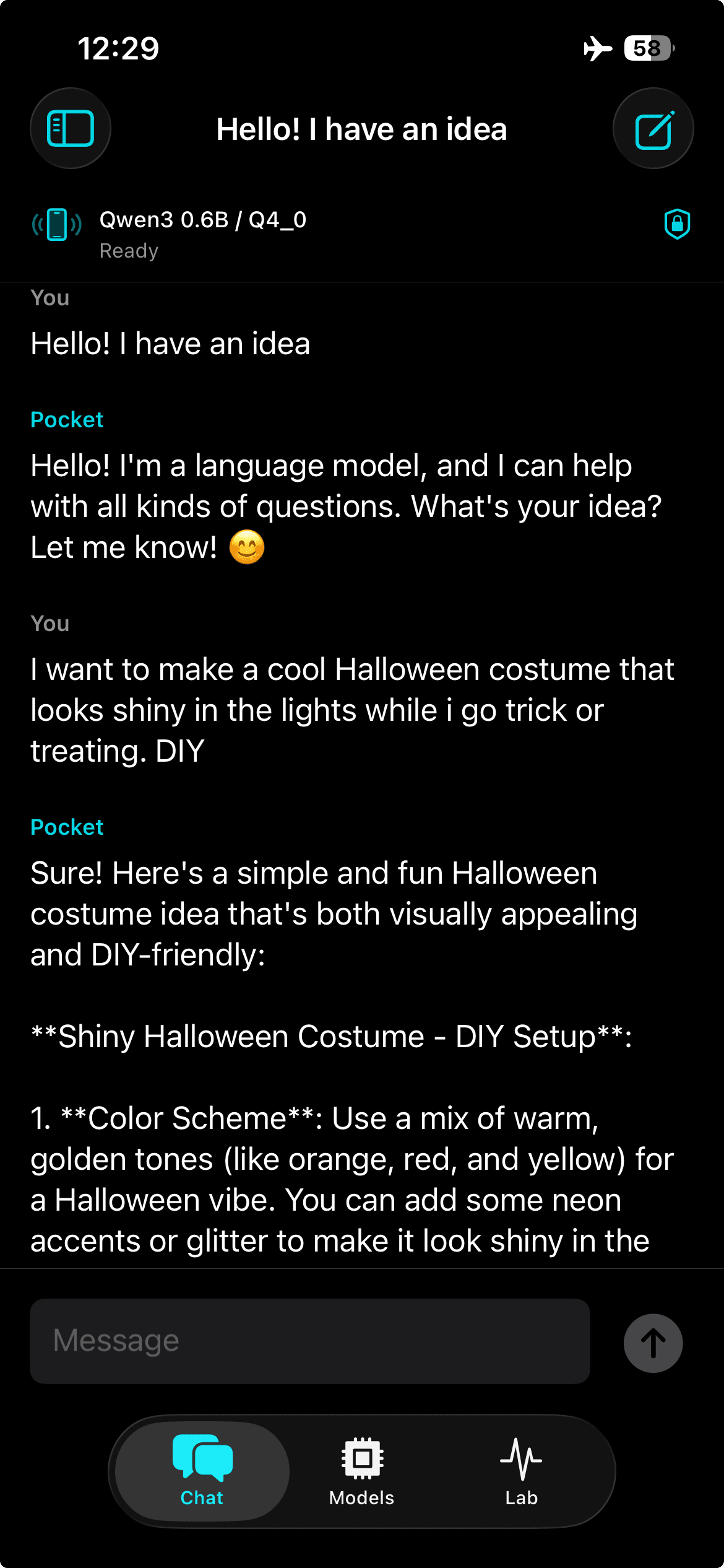 Pocket Spiral chat with a Halloween costume prompt, a model response, Qwen3 0.6B / Q4_0 selected, and airplane mode visible.