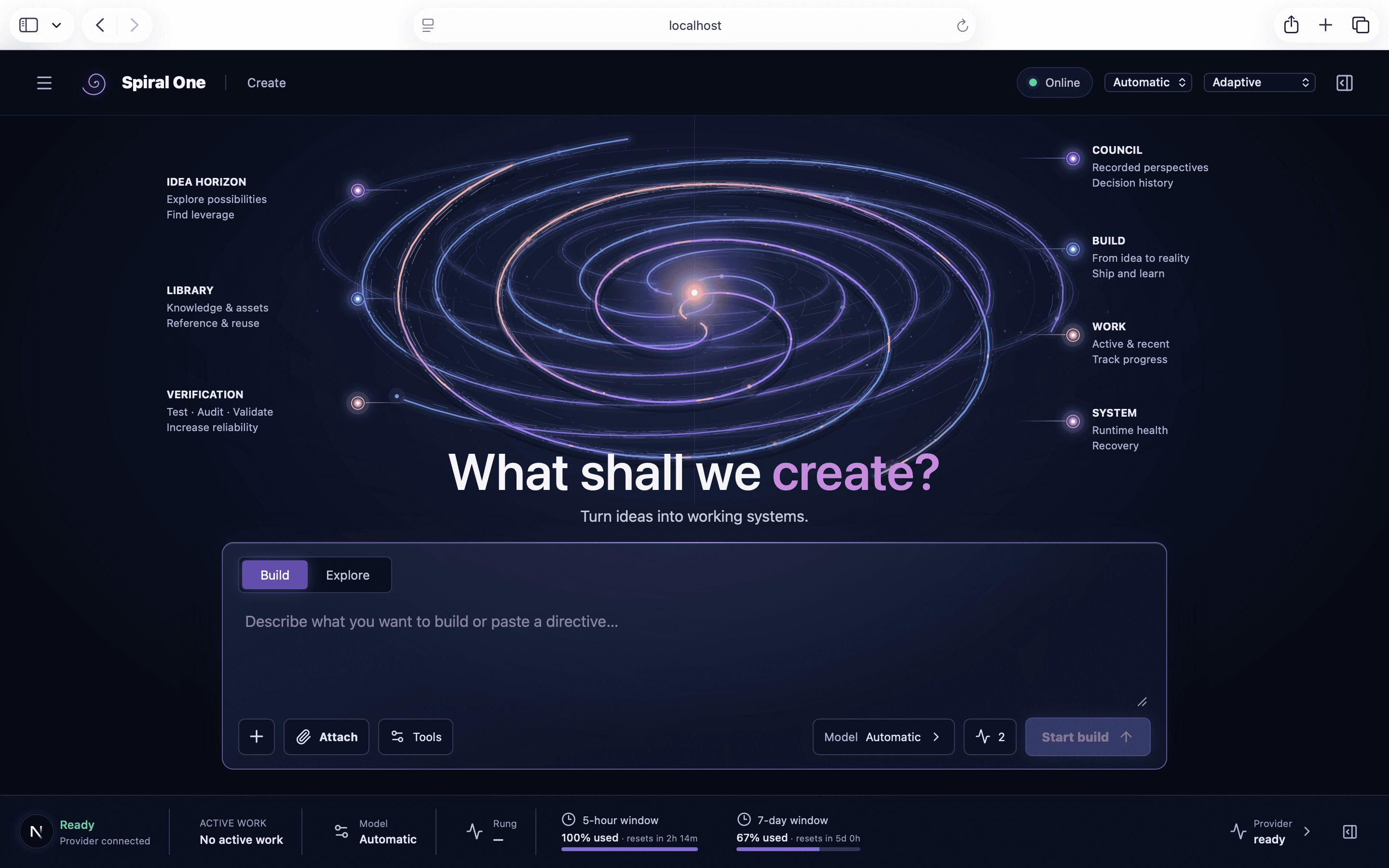 Spiral One creation console with objective input and execution controls.